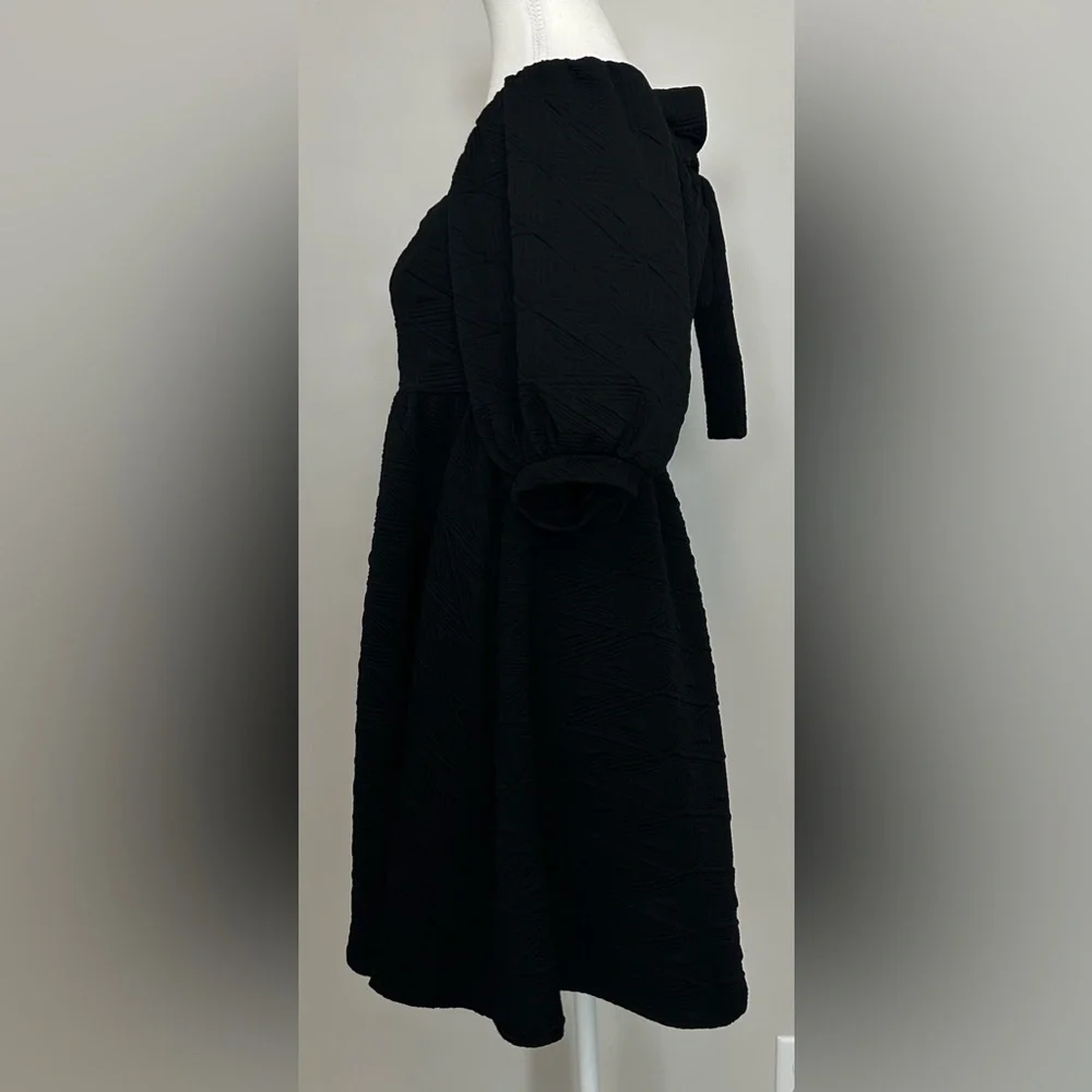 Free People Violet Mini Dress Black Textured Puff Sleeve‎ Babydoll Open Back Bow